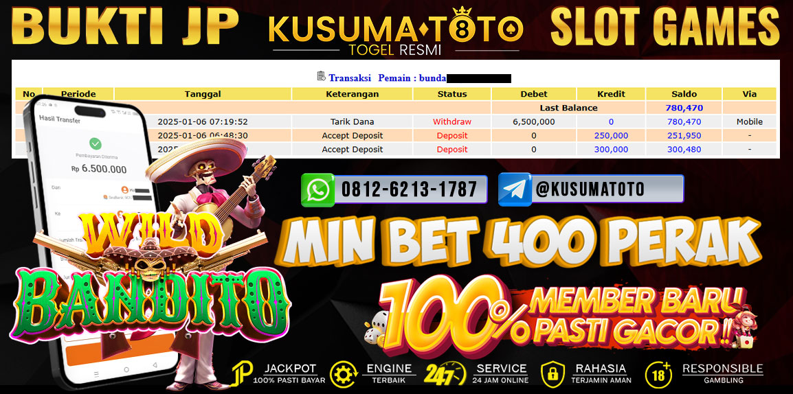 Bukti Jackpot Wild Bandito Rp.6.500.00,- Lunas Dibayar