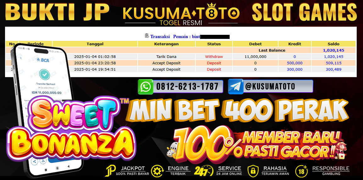 Bukti Jackpot Slot Sweet Bonanza Rp.11.000.000,- Lunas Dibayar